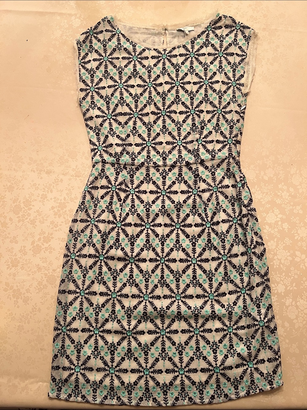 Joie White Dress with Navy & Teal Geometric Print